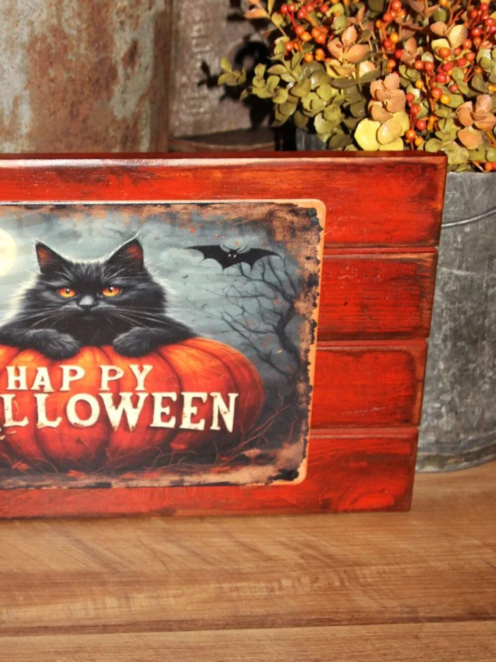 NEW Dark Moody Black Cat Happy Halloween Planked Wood Wall Decor Picture